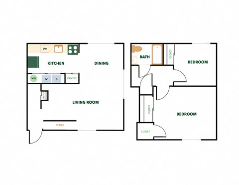 Floor plan for 2 beds, 1 bath, 868 sqft