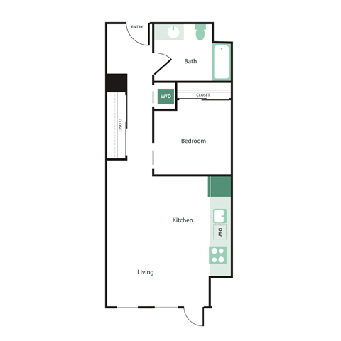 Floor plan for 1 bed, 1 bath, 646 sqft