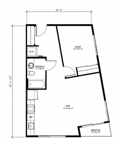 Floor plan for 1 bed, 1 bath, 707 sqft