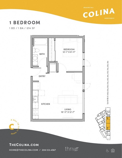 Floor plan for 1 bed, 1 bath, 574 sqft