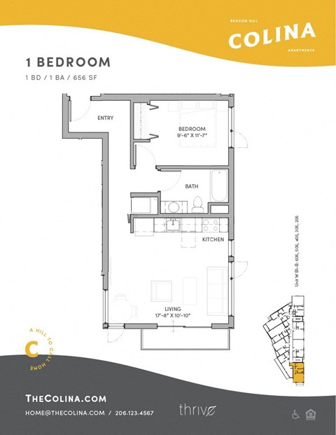 Floor plan for 1 bed, 1 bath, 652 sqft