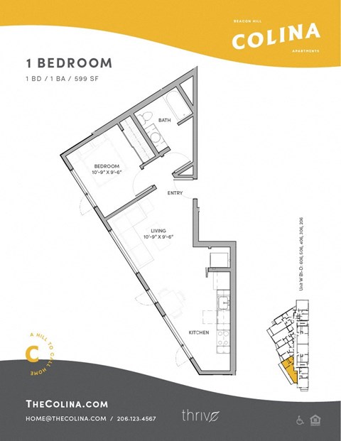 Floor plan for 1 bed, 1 bath, 593 sqft