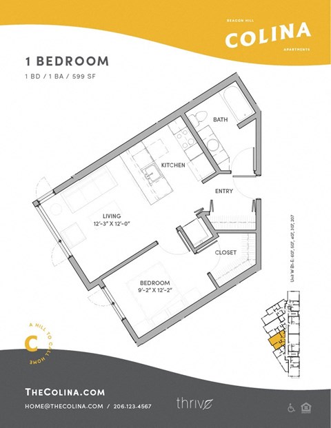 Floor plan for 1 bed, 1 bath, 608 sqft