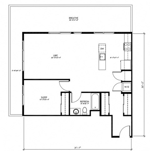 Floor plan for 1 bed, 1 bath, 848 sqft