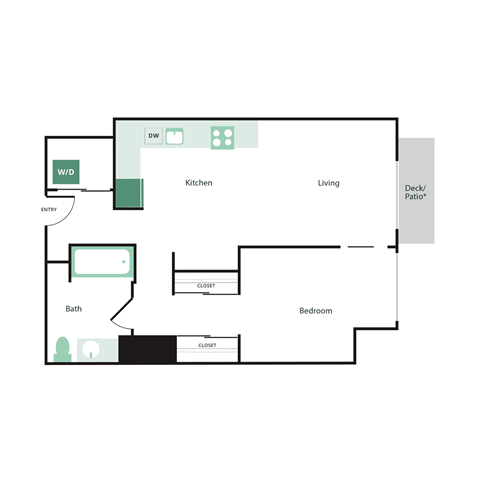 Floor plan for 1 bed, 1 bath, 770 sqft