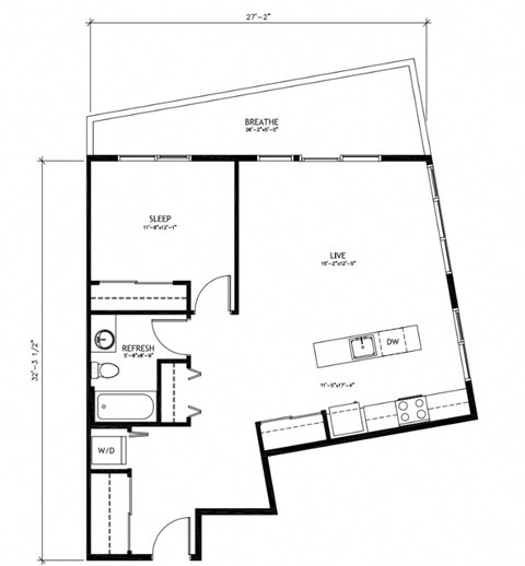 Floor plan for 1 bed, 1 bath, 797 sqft