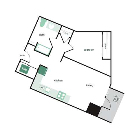 Floor plan for 1 bed, 1 bath, 736 sqft