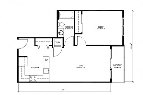 Floor plan for 1 bed, 1 bath, 674 sqft
