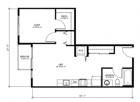 Floor plan for 1 bed, 1 bath, 585 sqft