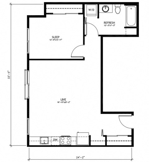 Floor plan for 1 bed, 1 bath, 704 sqft