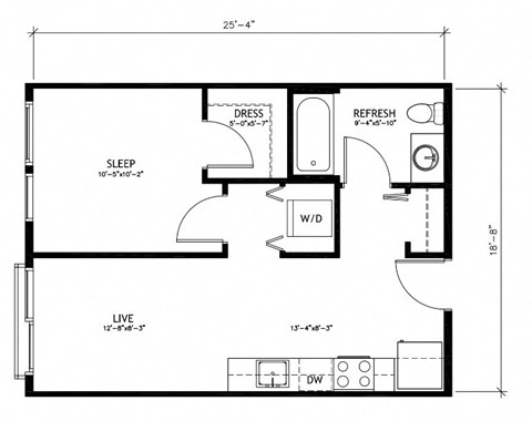 Floor plan for 1 bed, 1 bath, 512 sqft
