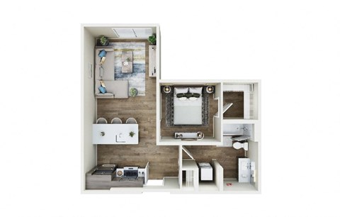 Floor plan for 1 bed, 1 bath, 653 sqft