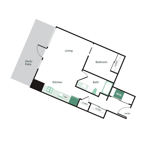 Floor plan for 1 bed, 1 bath, 923 sqft