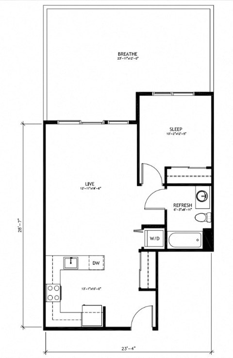 Floor plan for 1 bed, 1 bath, 671 sqft
