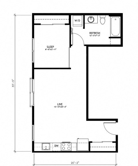 Floor plan for 1 bed, 1 bath, 579 sqft