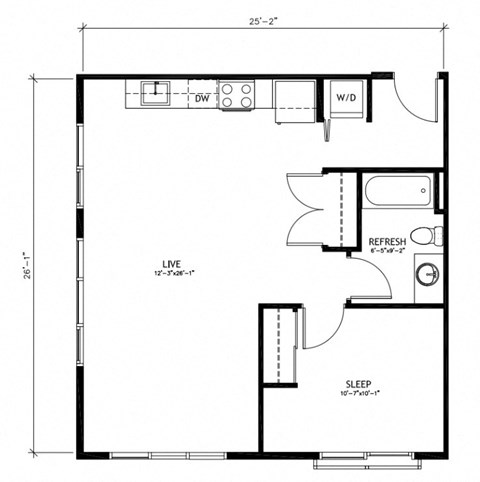 Floor plan for 1 bed, 1 bath, 704 sqft