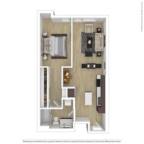 Floor plan for 1 bed, 1 bath, 664 sqft