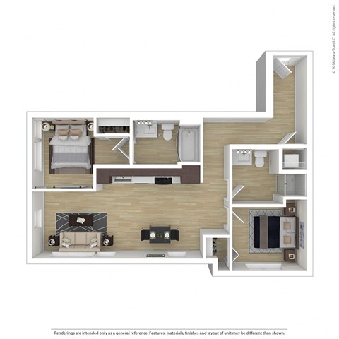 Floor plan for 2 beds, 2 baths, 844 sqft