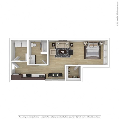 Floor plan for 1 bed, 1 bath, 665 sqft