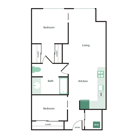 Floor plan for 2 beds, 1 bath, 926 sqft