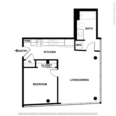 Floor plan for 1 bed, 1 bath, 554 sqft