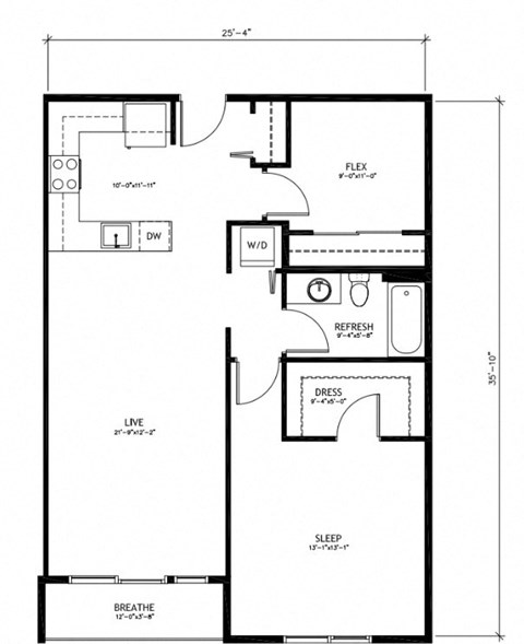 Floor plan for 1 bed, 1 bath, 914 sqft