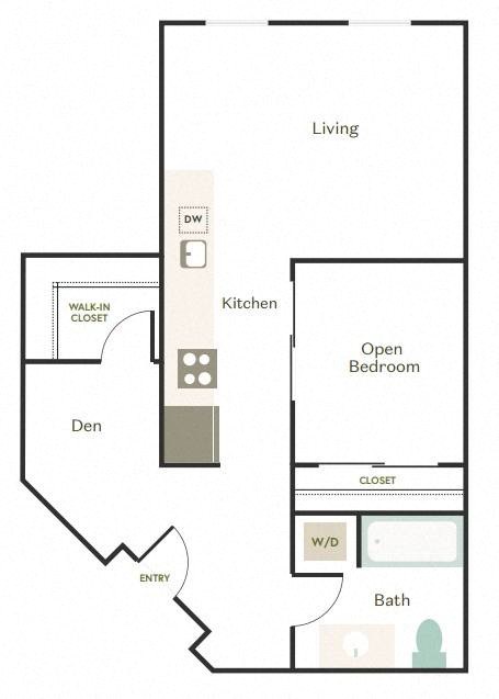 Floor plan for 1 bed, 1 bath, 732 sqft