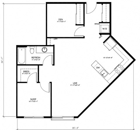 Floor plan for 1 bed, 1 bath, 888 sqft