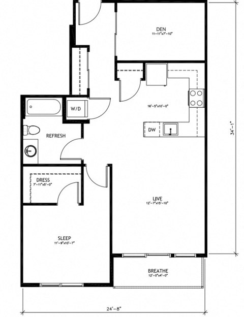 Floor plan for 1 bed, 1 bath, 853 sqft