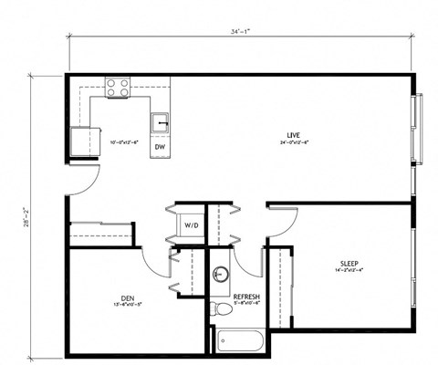 Floor plan for 1 bed, 1 bath, 866 sqft