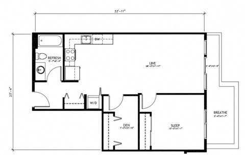 Floor plan for 1 bed, 1 bath, 624 sqft