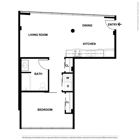 Floor plan for 1 bed, 1 bath, 644 sqft