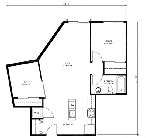 Floor plan for 1 bed, 1 bath, 791 sqft