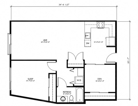 Floor plan for 1 bed, 1 bath, 942 sqft