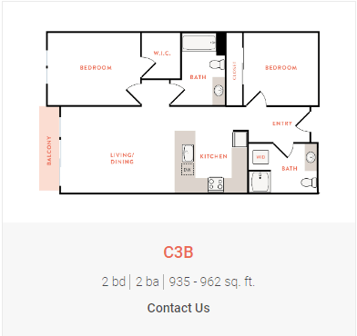 Floor plan for 1 bed, 1 bath, 962 sqft