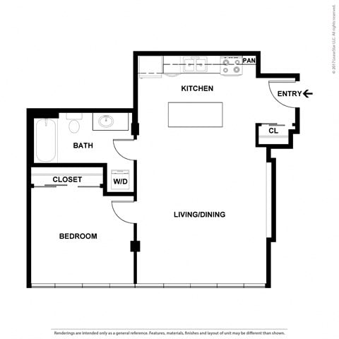Floor plan for 1 bed, 1 bath, 650 sqft