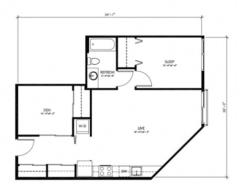 Floor plan for 1 bed, 1 bath, 767 sqft