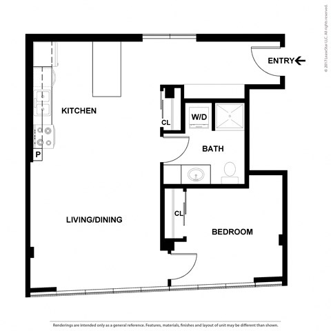 Floor plan for 1 bed, 1 bath, 690 sqft