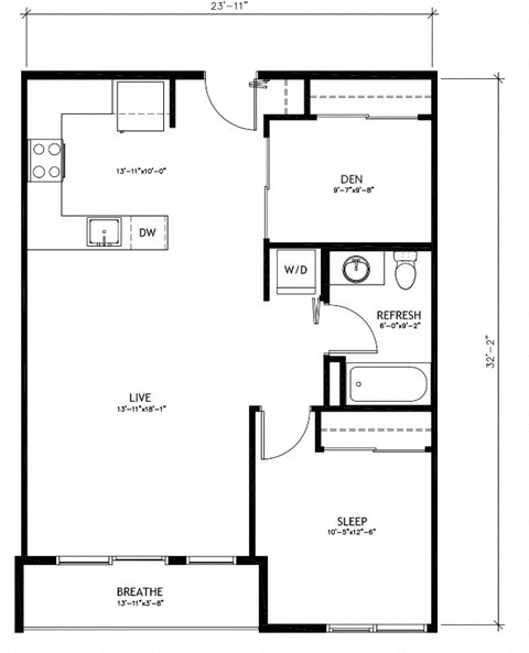 Floor plan for 1 bed, 1 bath, 760 sqft