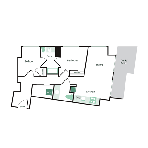 Floor plan for 2 beds, 1.5 baths, 1001 sqft