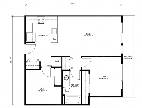 Floor plan for 1 bed, 1 bath, 970 sqft