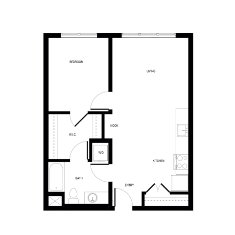 Floor plan for 1 bed, 1 bath, 689 sqft