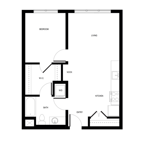 Floor plan for 1 bed, 1 bath, 701 sqft