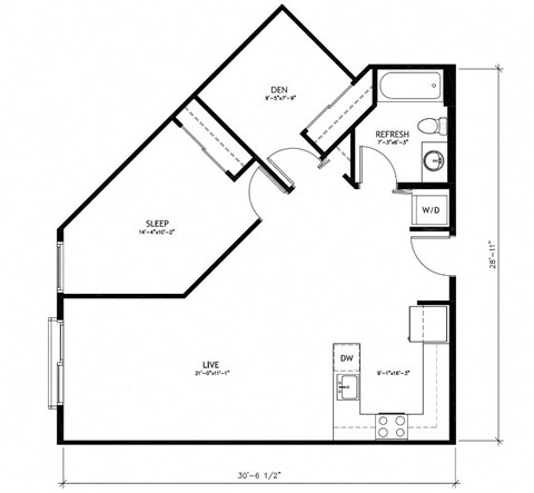 Floor plan for 1 bed, 1 bath, 857 sqft