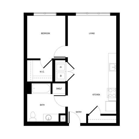 Floor plan for 1 bed, 1 bath, 703 sqft