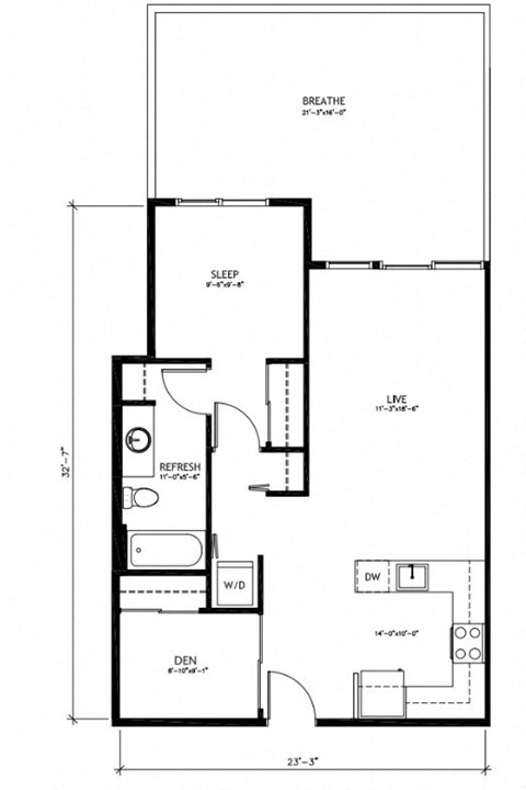 Floor plan for 1 bed, 1 bath, 741 sqft