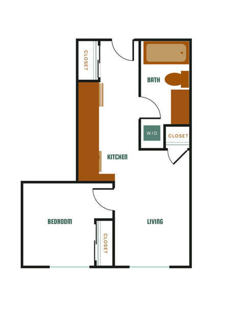 Floor plan for 1 bed, 1 bath, 567 sqft