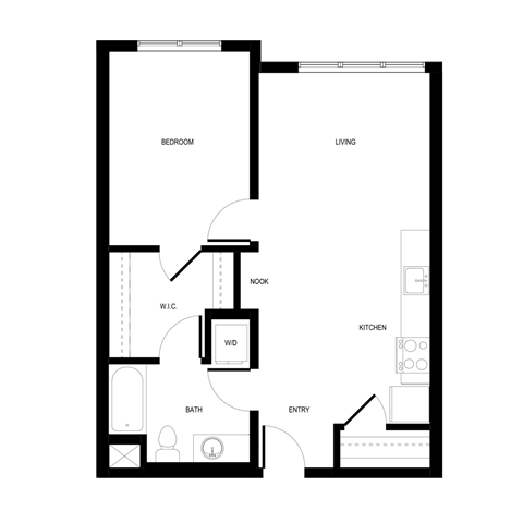 Floor plan for 1 bed, 1 bath, 705 sqft