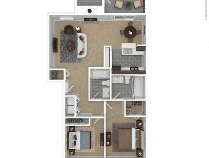 Floor plan for 2 beds, 2 baths, 939 sqft
