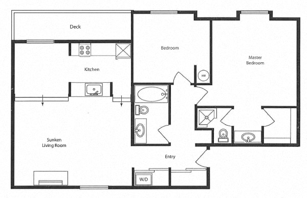 Floor plan for 2 beds, 1.5 baths, 907 sqft